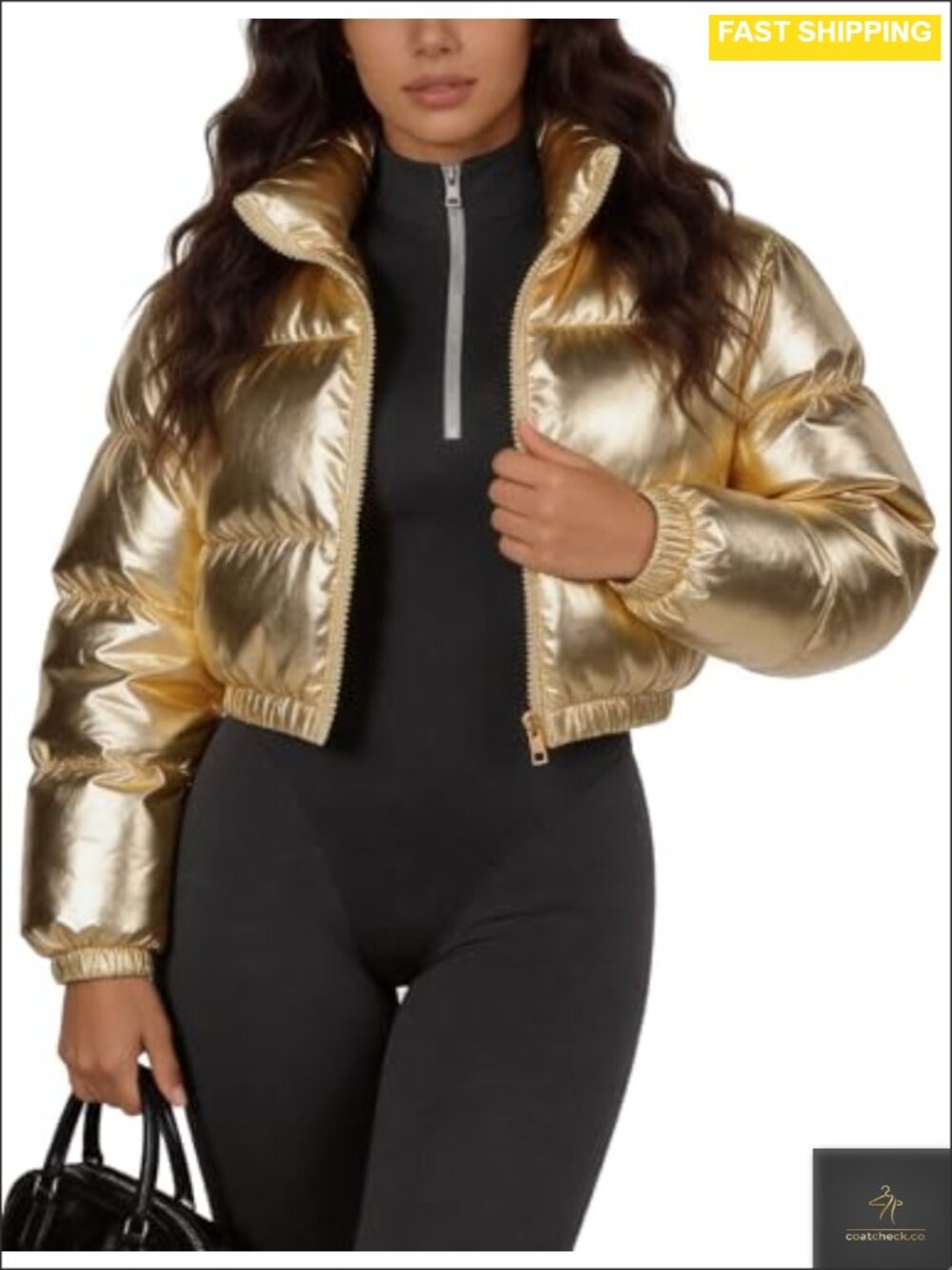 Metallic Shiny Cropped Puffer Jacket Y2K Winter Zip Up Coat